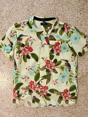 Roark Light Green Tropical Floral & Bird Short Sleeve Button-Up Shirt